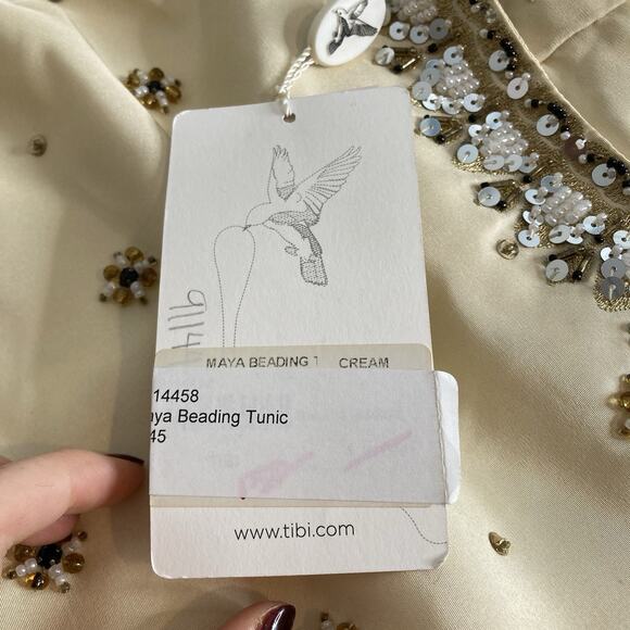 Tibi Women's Cream Beaded Sequins Silk Tunic Blouse Size‎ 6 Regal Maximalist - Picture 6 of 15